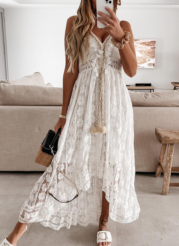 Summer Lace Sling Large Swing Solid Color Long Maxi Dress DING