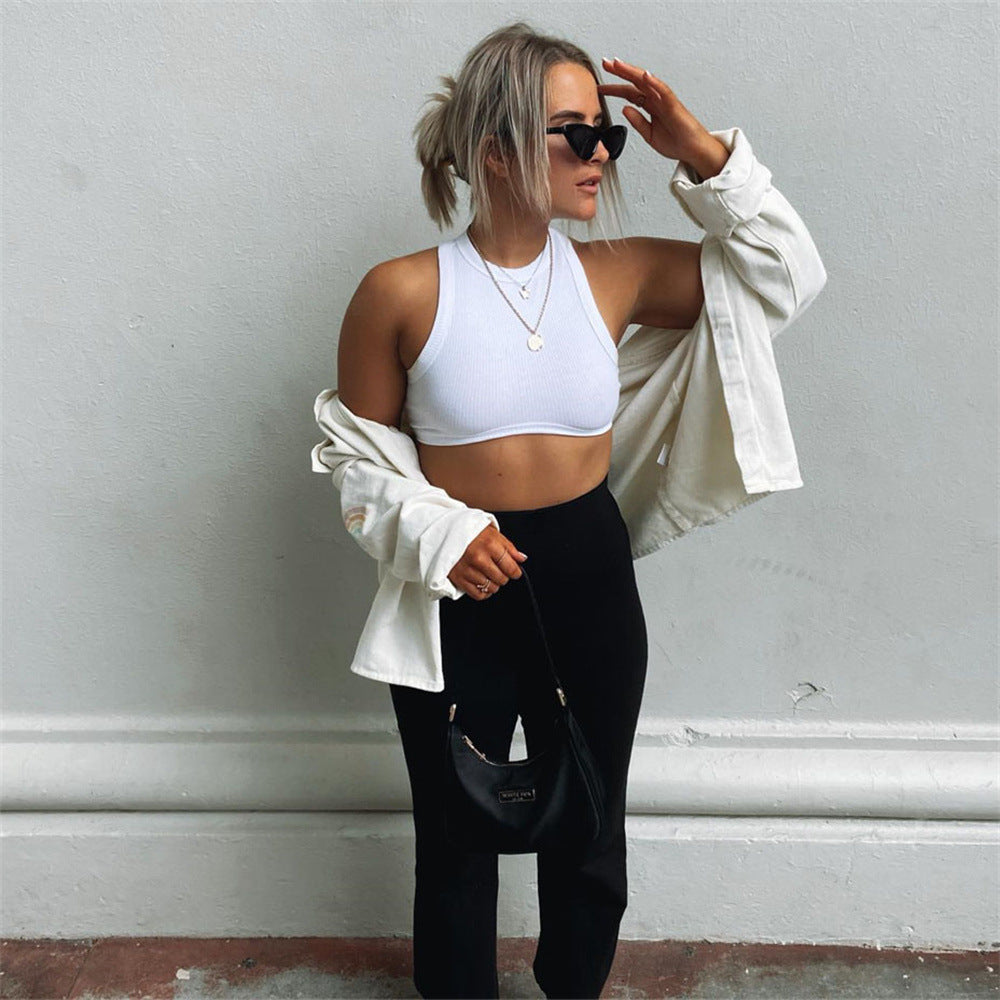 Round Neck Rib Sports Vest Spring Summer Sexy Cropped Slimming Waist I Shaped Short Top BESSY