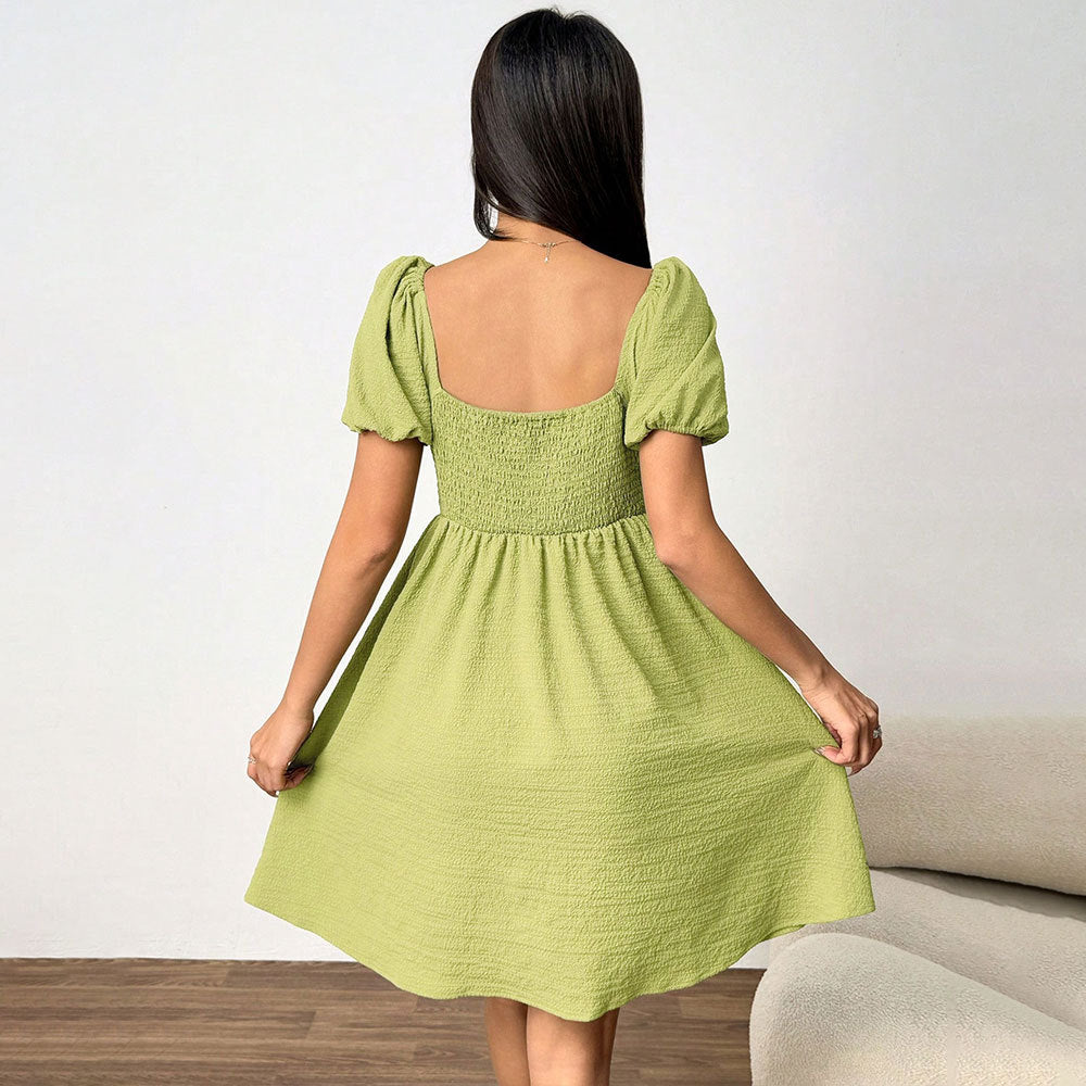 Sexy Elegant Summer Square Collar Puff Sleeve Short Sleeve Waist Controlled Design Short Dress Yiskiss