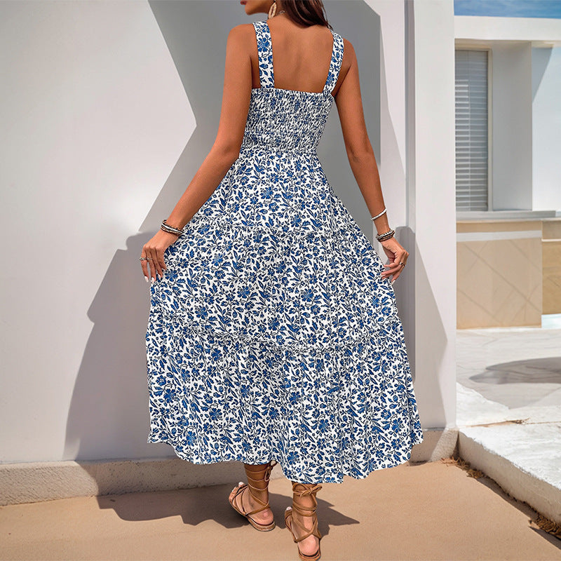 Summer Printed Suspender Sweet Floral Backless Dress Jeme
