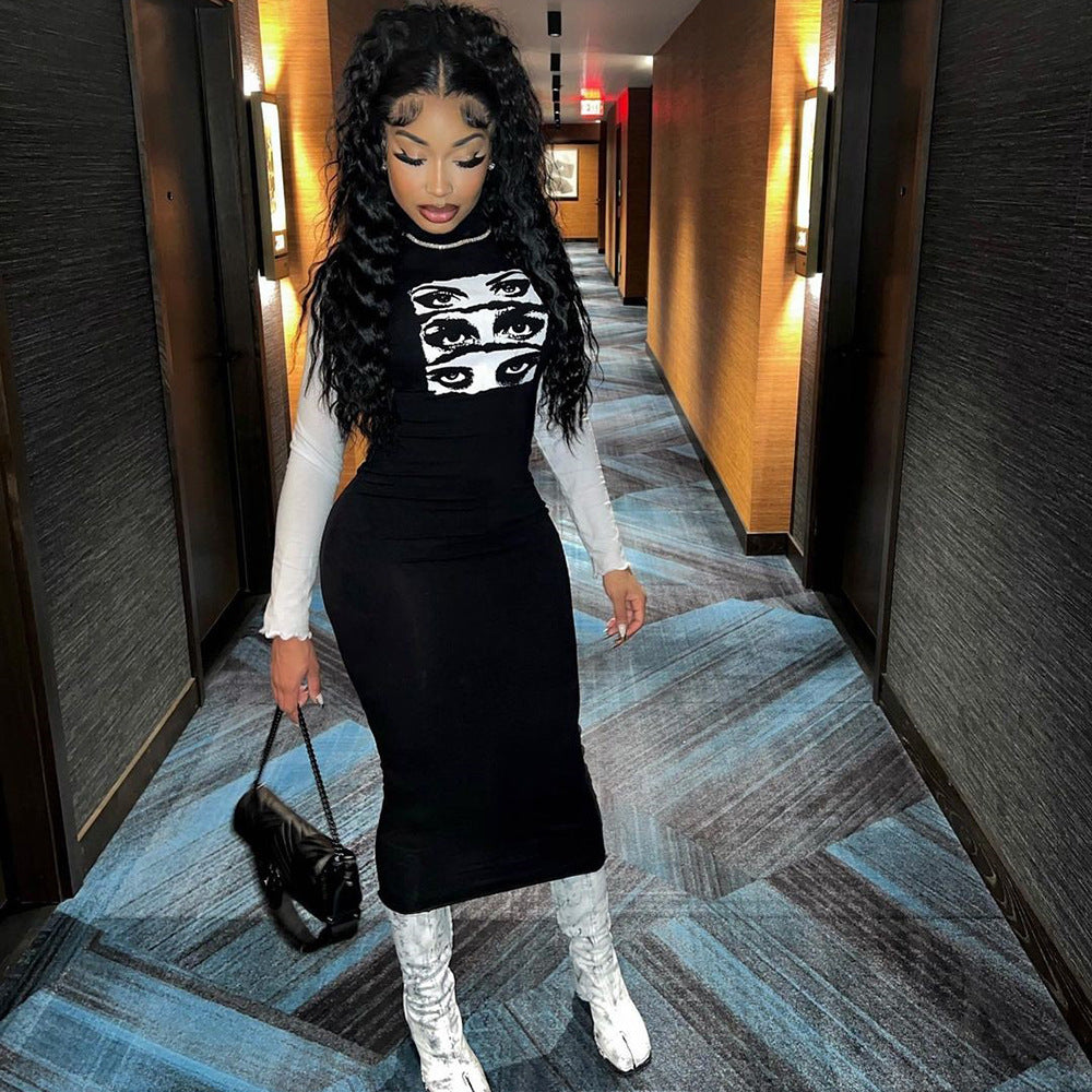 Spring Summer Sexy Long Sleeve round Neck Pullover Adhesive Cement Eye Dress Women Clothing Nazada