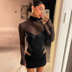 Col roulé en maille patchwork sexy slim ajouré découpé aux hanches