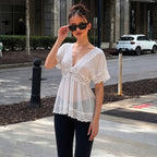 Autumn Chiffon Shirt Sexy Deep V Plunge Lace Edge Long See through Loose Non Elastic Top LAGERFELD