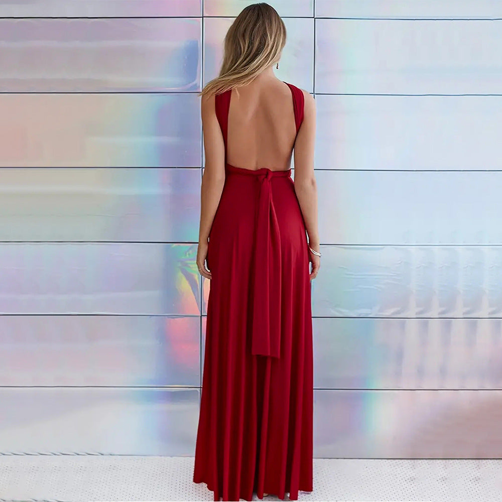 Women Clothing Summer Multi Tied Maxi Dress Halter Red Strap Dress Yiskiss