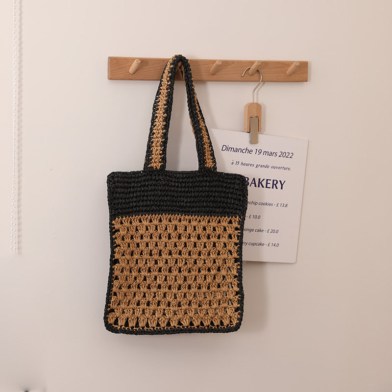 Color Matching Hollow Out Cutout out Crochet Shoulder Straw Bag Special Interest Design Hand Woven Bag Seaside Vacation Beach Bag EaseWoven