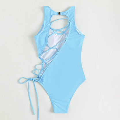 Traje de baño sexy de color sólido atado para mujer, bikini triangular de playa.
