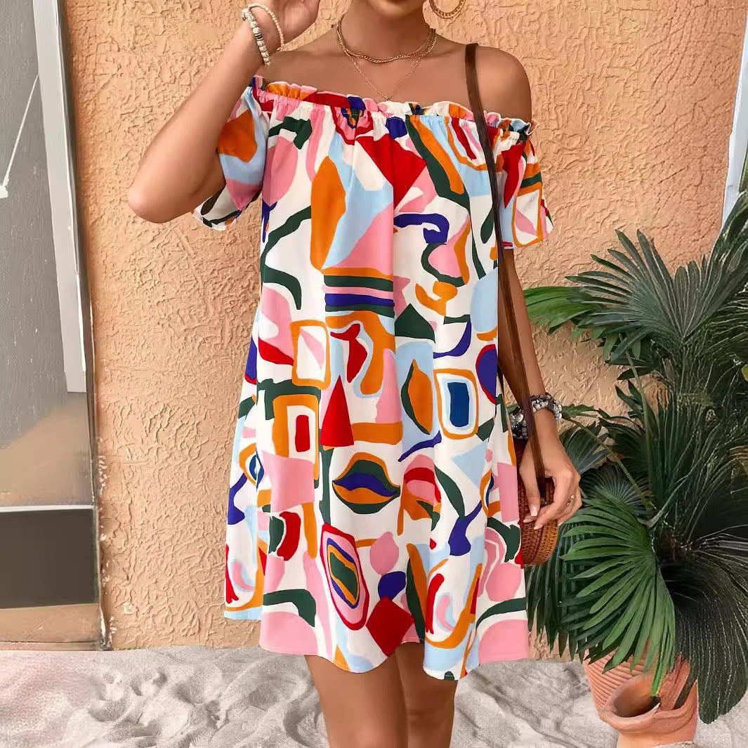 Summer Elegant Ladies Tropical Printing off the Shoulder Dress Vivish