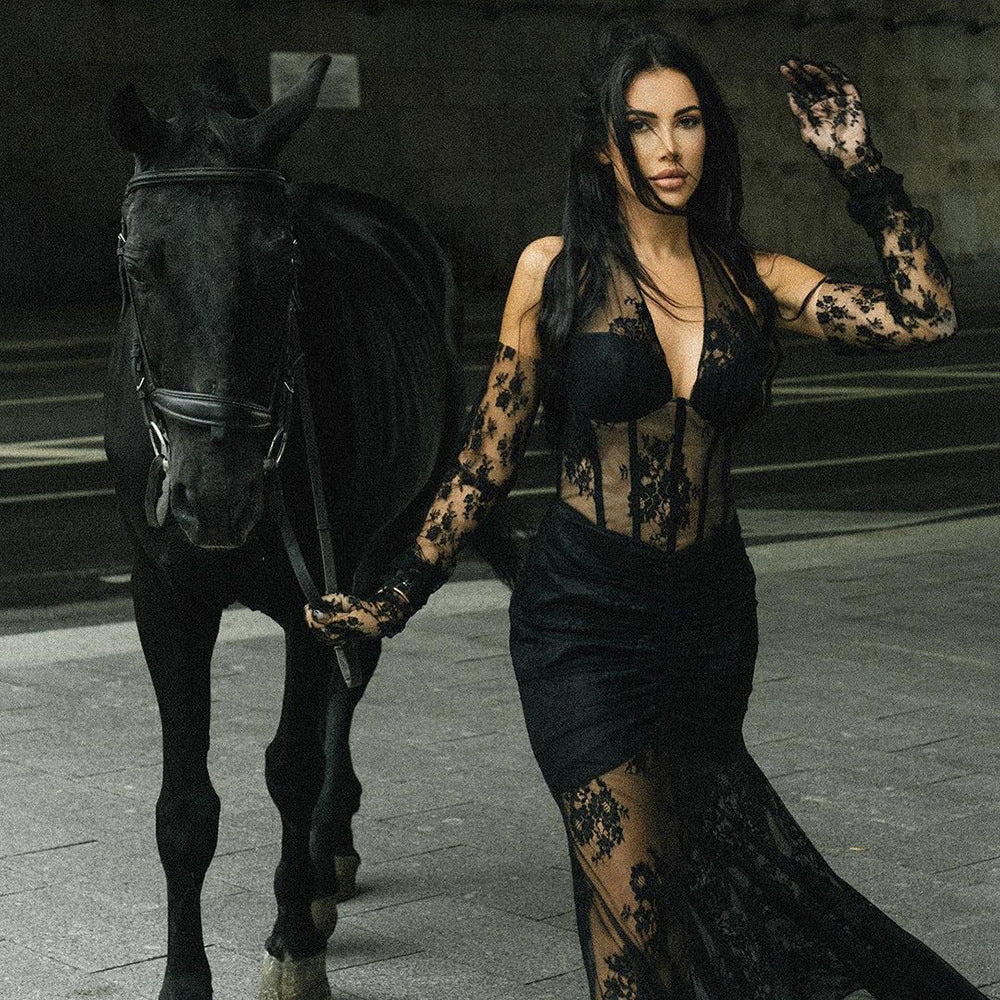 Vestido halter de encaje negro y azul para mujer, con guantes, semitransparente, sexy, primavera y verano