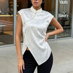 Black Jacquard Sleeveless Vest Top Stand up Collar Slanting Jin Imitation Pearl Buckle Furcal Lower Hem National Shirt Women FOREVEREIGHTEEN