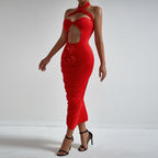 Vestido elegante de fiesta plisado con escote halter, floral, cruzado, a la moda, sexy, con aberturas en el pecho y plisado en la cadera para mujer