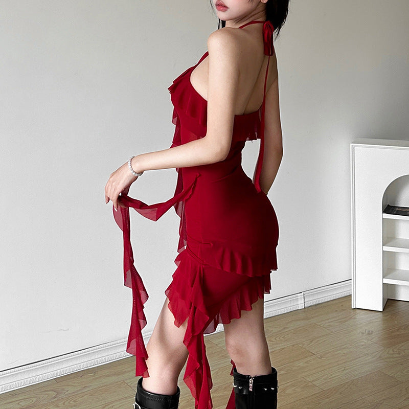 Robe d'été à dos nu et taille haute pour femme, couleur unie, slim