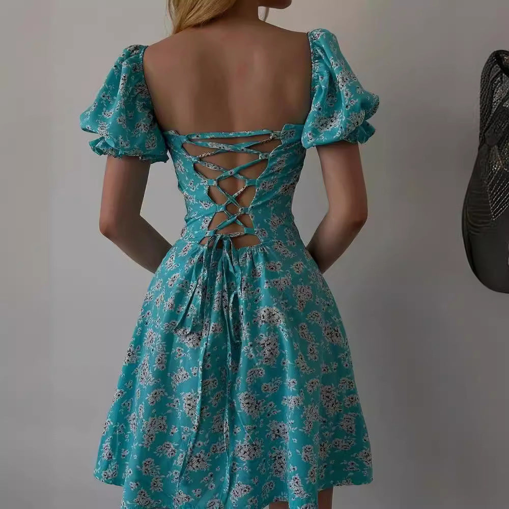 Spring Summer Wear Women Clothing Lace up Vintage Floral High Waist Puff Sleeve French Dress SCC