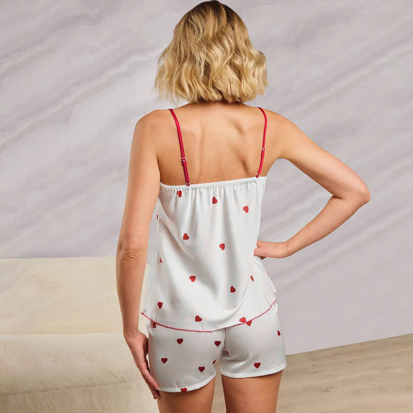 Conjunto de pijama de satén para mujer, de dos piezas, con tirantes y estampado de corazones, para el hogar, primavera y verano