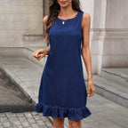 Summer round Neck Ruffled Hem Back Breasted Straight Denim Dress MANNY