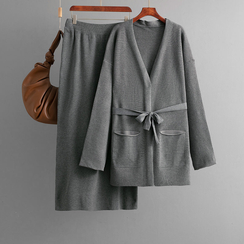 Women Autumn Winter V neck Loose Knitted Lace up Cardigan Skirt Two Piece Set