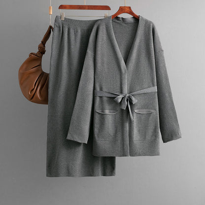 Women Autumn Winter V neck Loose Knitted Lace up Cardigan Skirt Two Piece Set
