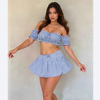 Women Clothing Summer Plaid Sexy Bow Tube Top Sexy Short Skirt Two Piece Sets Eedele