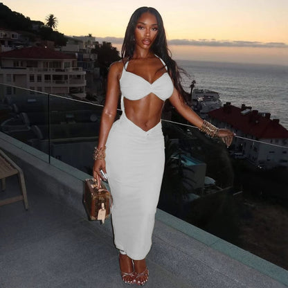 Summer Sexy Solid Color Halter Hollow Out Cutout Sleeveless Slim Fit Hip Dress