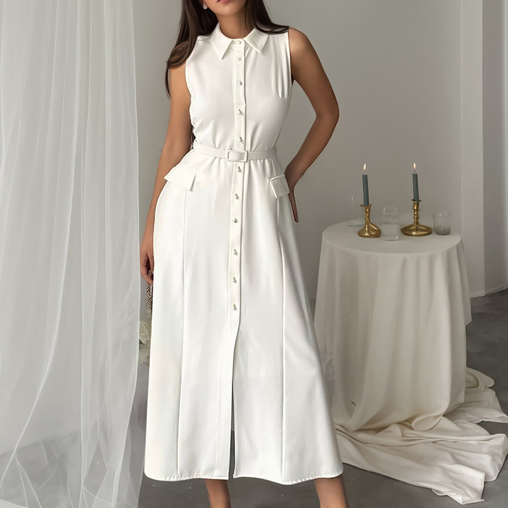 Summer Autumn Arrival Solid Color Sleeveless Belt Pearl Buckle Slim Fit Slit Office Dress Rogan