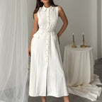 Summer Autumn Arrival Solid Color Sleeveless Belt Pearl Buckle Slim Fit Slit Office Dress Rogan