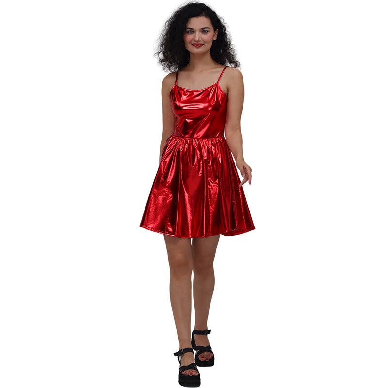 Vestido de lentejuelas con tirantes, de charol bronceado, color liso, sexy, plisado, para mujer