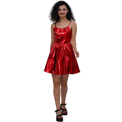 Vestido de lentejuelas con tirantes, de charol bronceado, color liso, sexy, plisado, para mujer