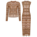 Summer Autumn Striped Hollow Out Cutout out Long Sleeve Cardigan Sleeveless Dress Slim Set Women Dimenssa