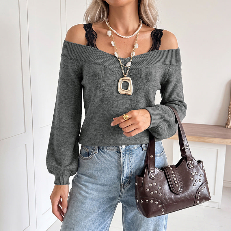 Loose Idle Solid Color Lace Patchwork Cold Shoulder Knitted Sweater Women HUNDRED