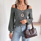 Loose Idle Solid Color Lace Patchwork Cold Shoulder Knitted Sweater Women HUNDRED