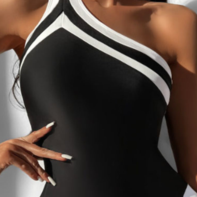 Mono de un hombro con bloques de color para mujer, traje de baño de playa de primavera con cobertura de vientre conservador
