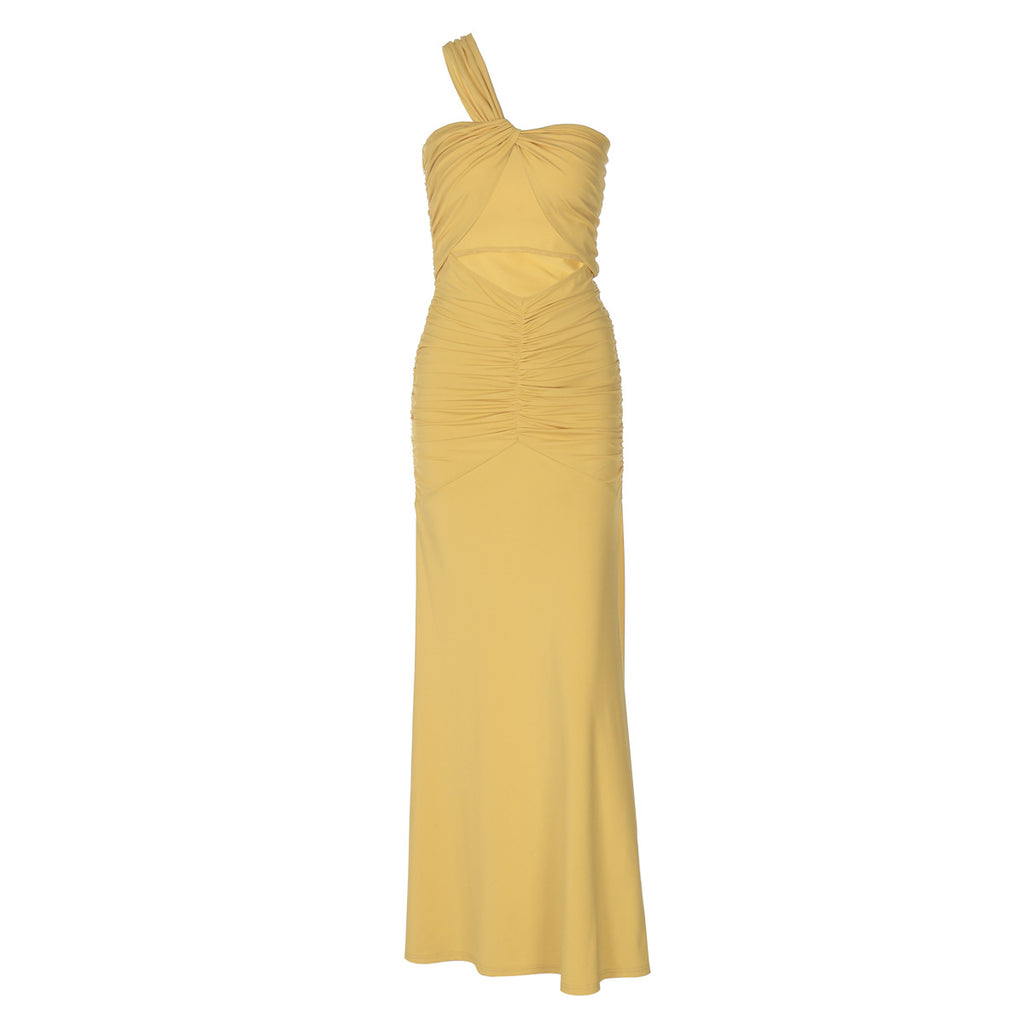 Vestido ajustado plisado con un hombro al descubierto y corte sexy de color liso para mujer de verano