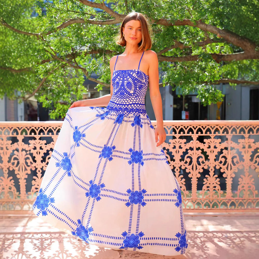 Summer Women Clothing Printed Strap Lace Dress XUYUN
