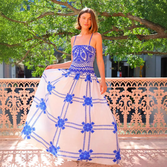 Summer Women Clothing Printed Strap Lace Dress