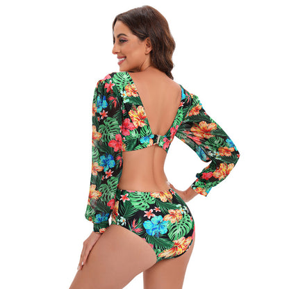 Swimsuit Backless Long Sleeve One Piece Swimsuit High Waist Tied V neck Swimsuit Women Bikini