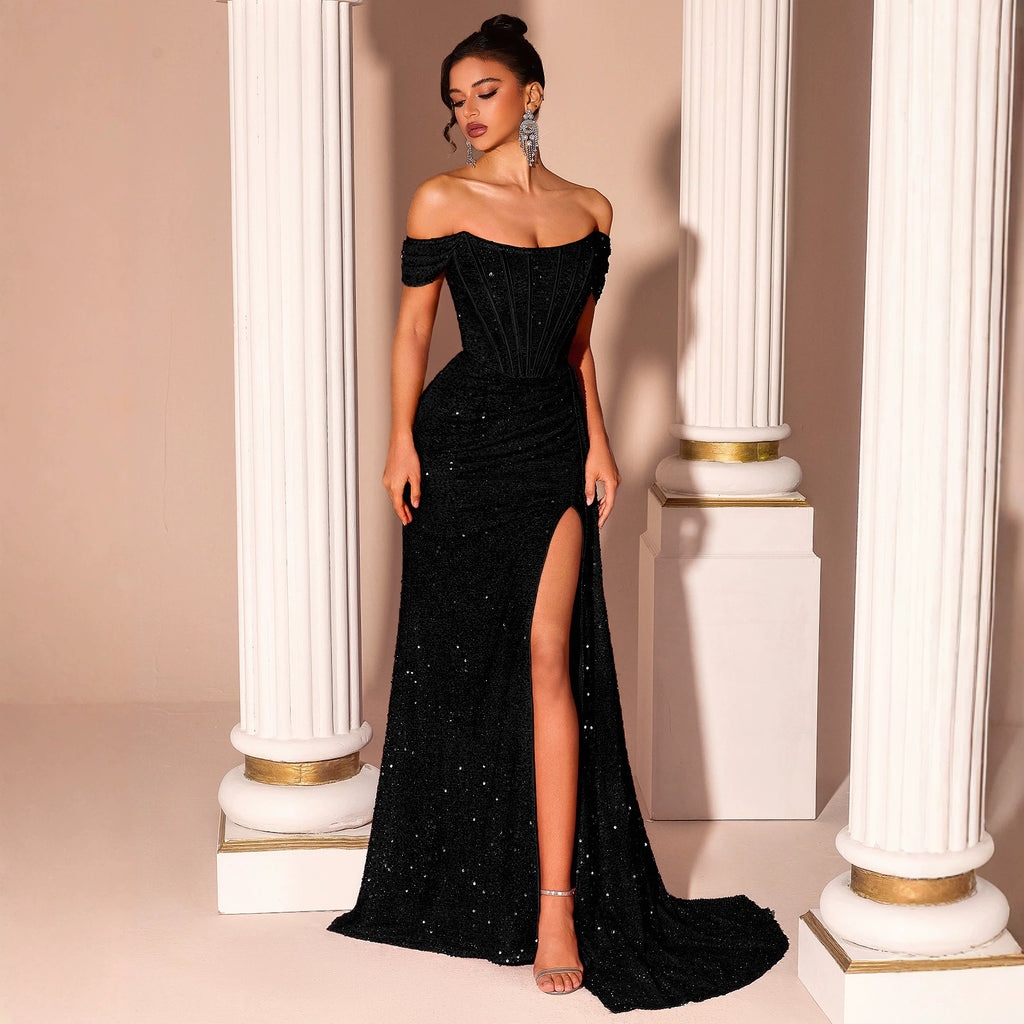 Strapless Black Evening Dress Sequined Slim Fit Slimming Fishtail Bridal Toast Dress Cocktail Evening Dress Ladys