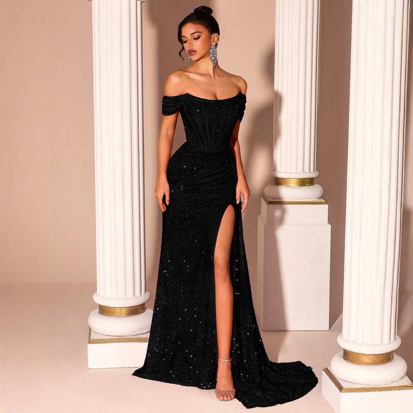 Strapless Black Evening Dress Sequined Slim Fit Slimming Fishtail Bridal Toast Dress Cocktail Evening Dress Ladys