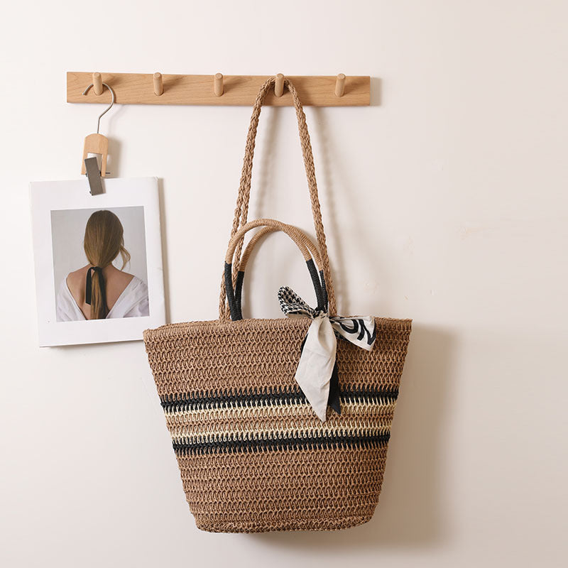 Double-Handle Woven Striped Coffee Scarf