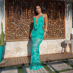 Sexy Deep V Plunge Strap Printed Slim Fit Maxi Dress Dress Coya