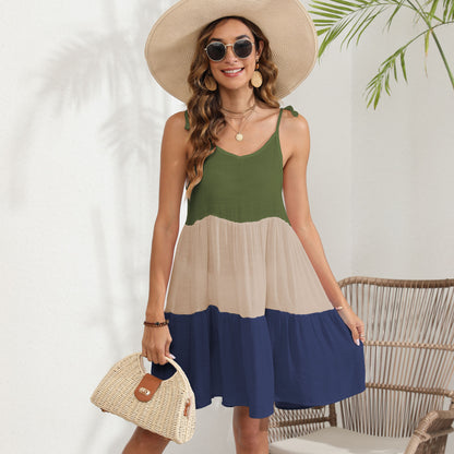 Women Braces Skirt Women Clothing Color Contrast Patchwork Striped Large Bandage Beach Dress Striped Color Dress
