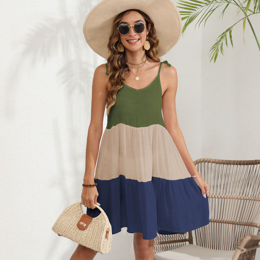 Women Braces Skirt Women Clothing Color Contrast Patchwork Striped Large Bandage Beach Dress Striped Color Dress