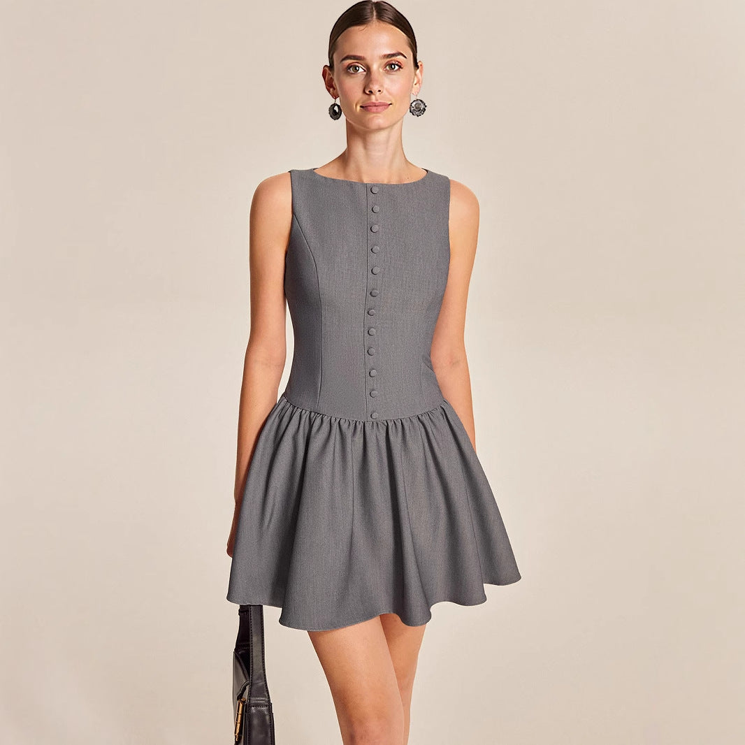 Summer Women Sleeveless Casual Button A line Dress Ruffled Elegant Mini Dress Rogan