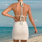 Halter Backless Knitted Sexy Deep V Plunge Slimming Seaside Vacation Dress For Women In Summer Yiskiss
