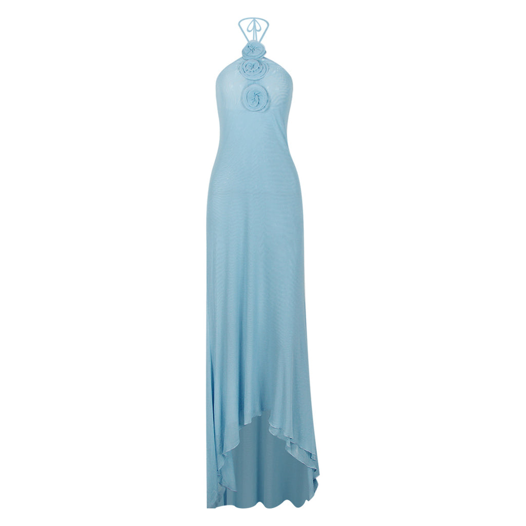 Vestido de noche de malla con cuello halter y estampado floral, sin espalda, estilo halter, dulce y picante.