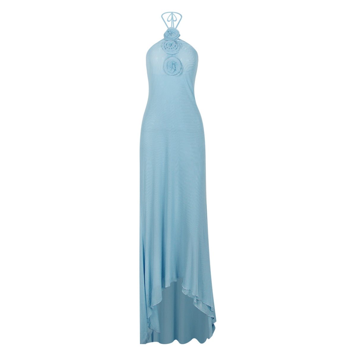 Vestido de noche de malla con cuello halter y estampado floral, sin espalda, estilo halter, dulce y picante.