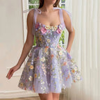 Women Three Dimensional Floral Embroidered Sheath Sexy Cami Dress Organza SCC