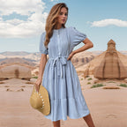 Summer Stand Collar Pleated Mid Length Short Sleeve Office Lace up Dress Jeme