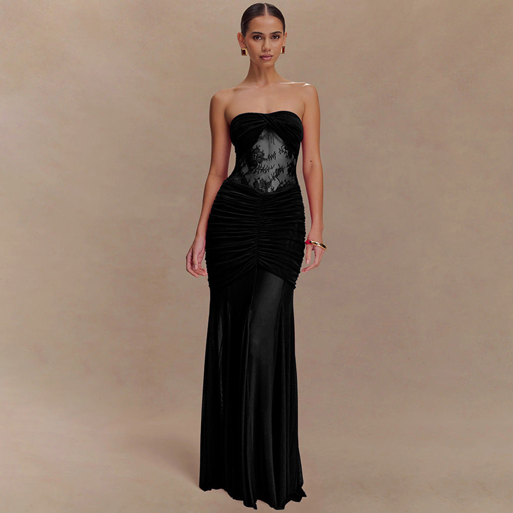 Summer Sleeveless Tube Top Dress Sexy Pleated Hollow Out Cutout Slim Dress for Women HLZYCS