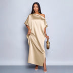 Robe longue en satin jaune pour femme, idéale pour le début de l'automne.
