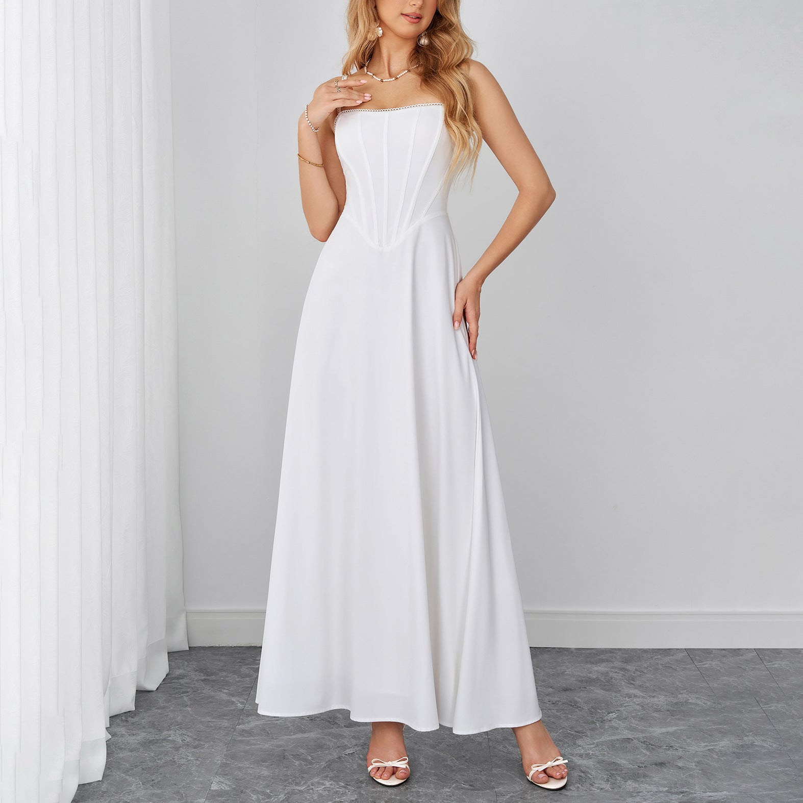 Summer Cami Dress Sexy Backless Lace up Waist Slimming Boning Corset Maxi Dress SUNSHINE