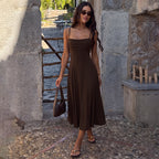 Women Clothing Summer Suspender Pleated off Neck Cinched Swing Dress Fashionable Elegant Dress LEKINS